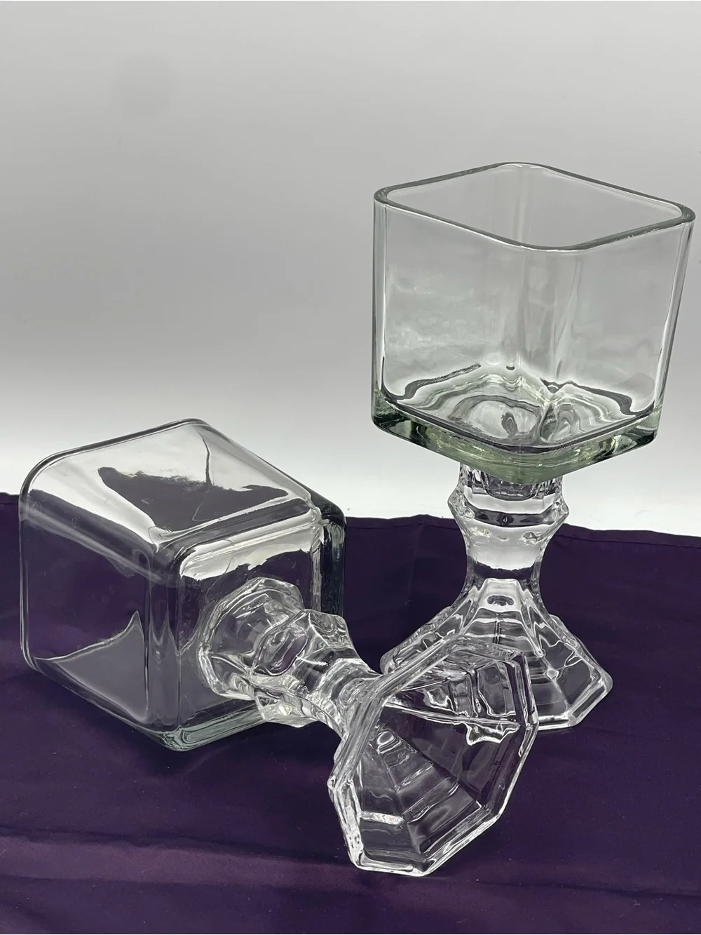 Vintage Pressed Glass Candle Holders Square Top Hexagonal Stem Pedestal Set of 2